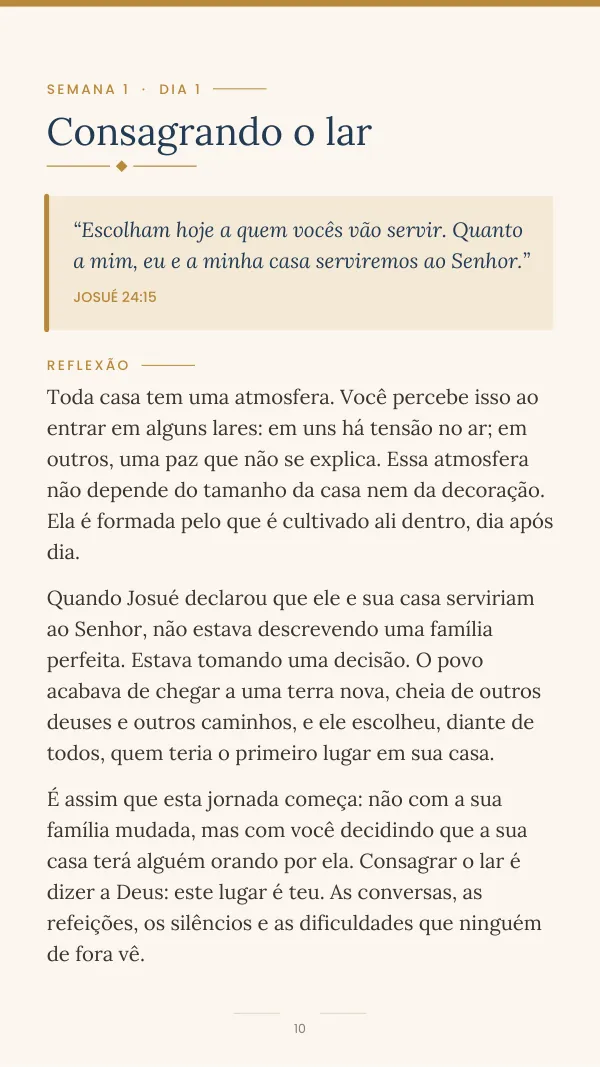 Página do Dia 1: Consagrando o lar, com versículo de Josué 24:15 e reflexão